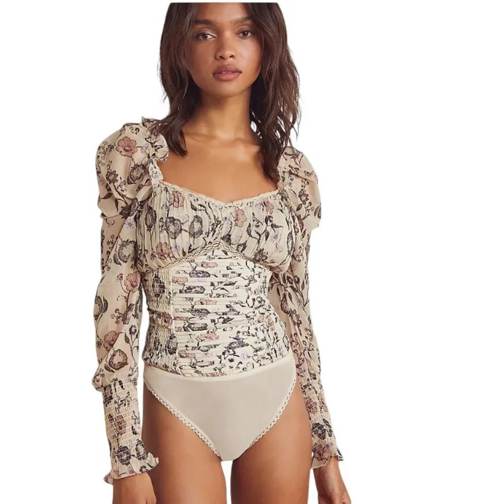 Free People Cream Floral Long-Sleeve Bodysuit